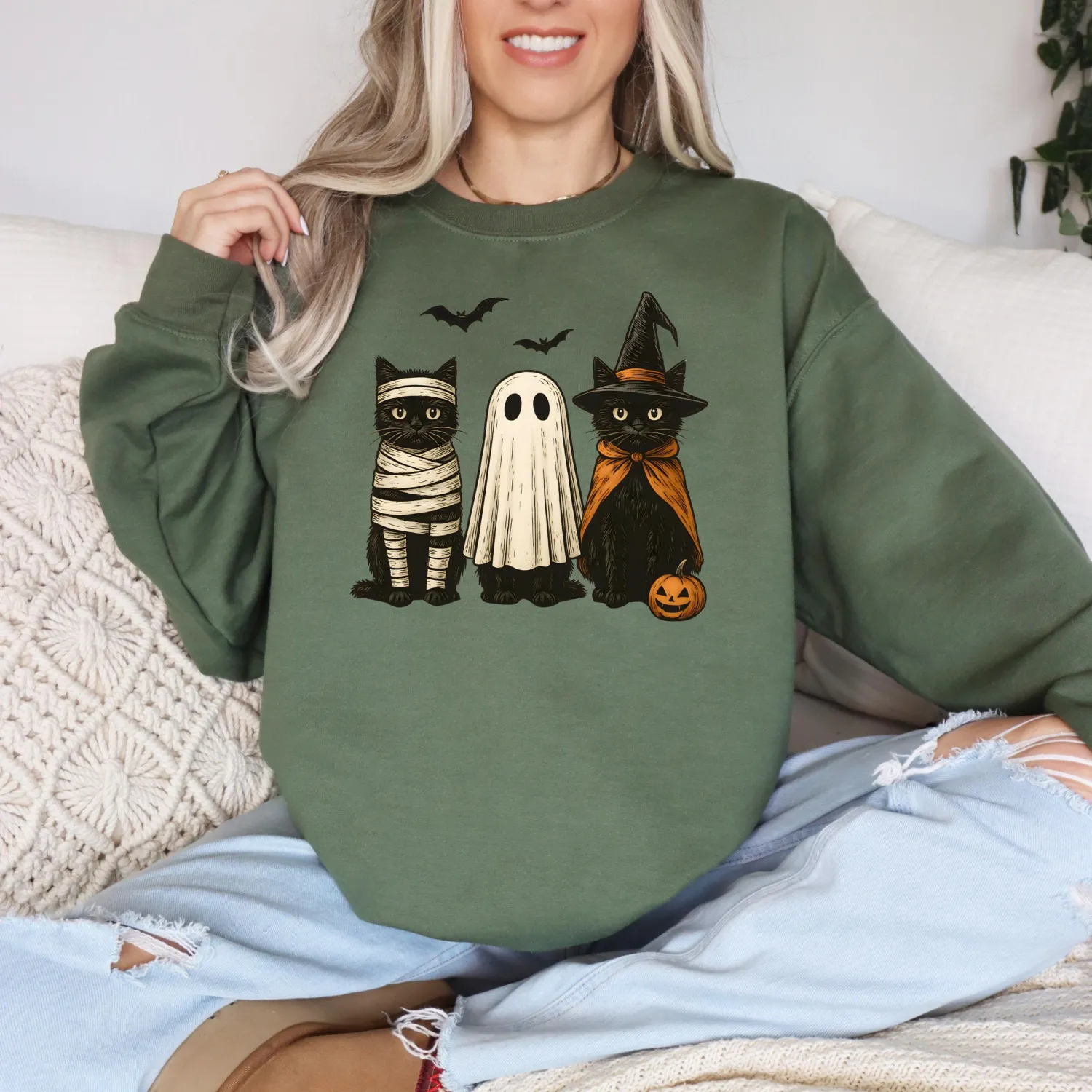 Spooky Black Cat Ghost Halloween Sweatshirt