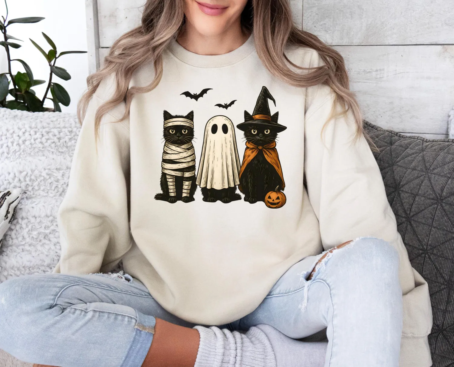 Spooky Black Cat Ghost Halloween Sweatshirt