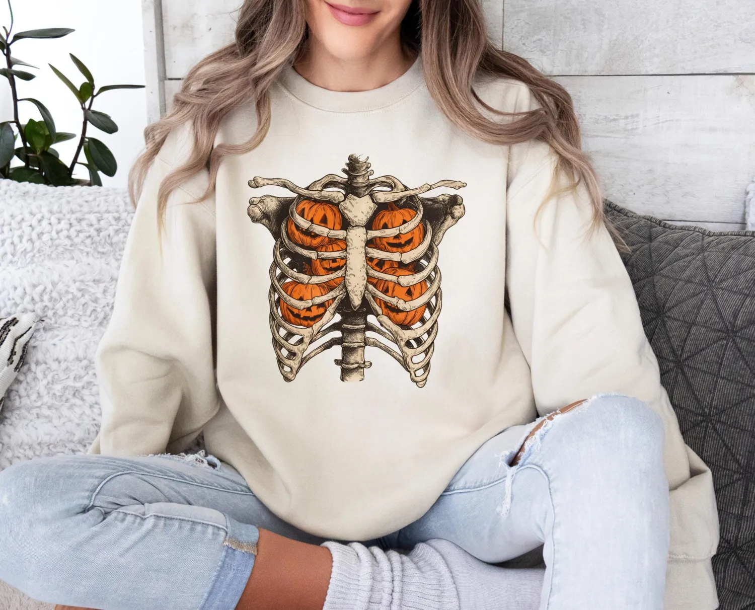 Skeleton Ribcage Pumpkin Halloween Sweatshirt Skeleton Ribcage Pumpkin Halloween Sweatshirt