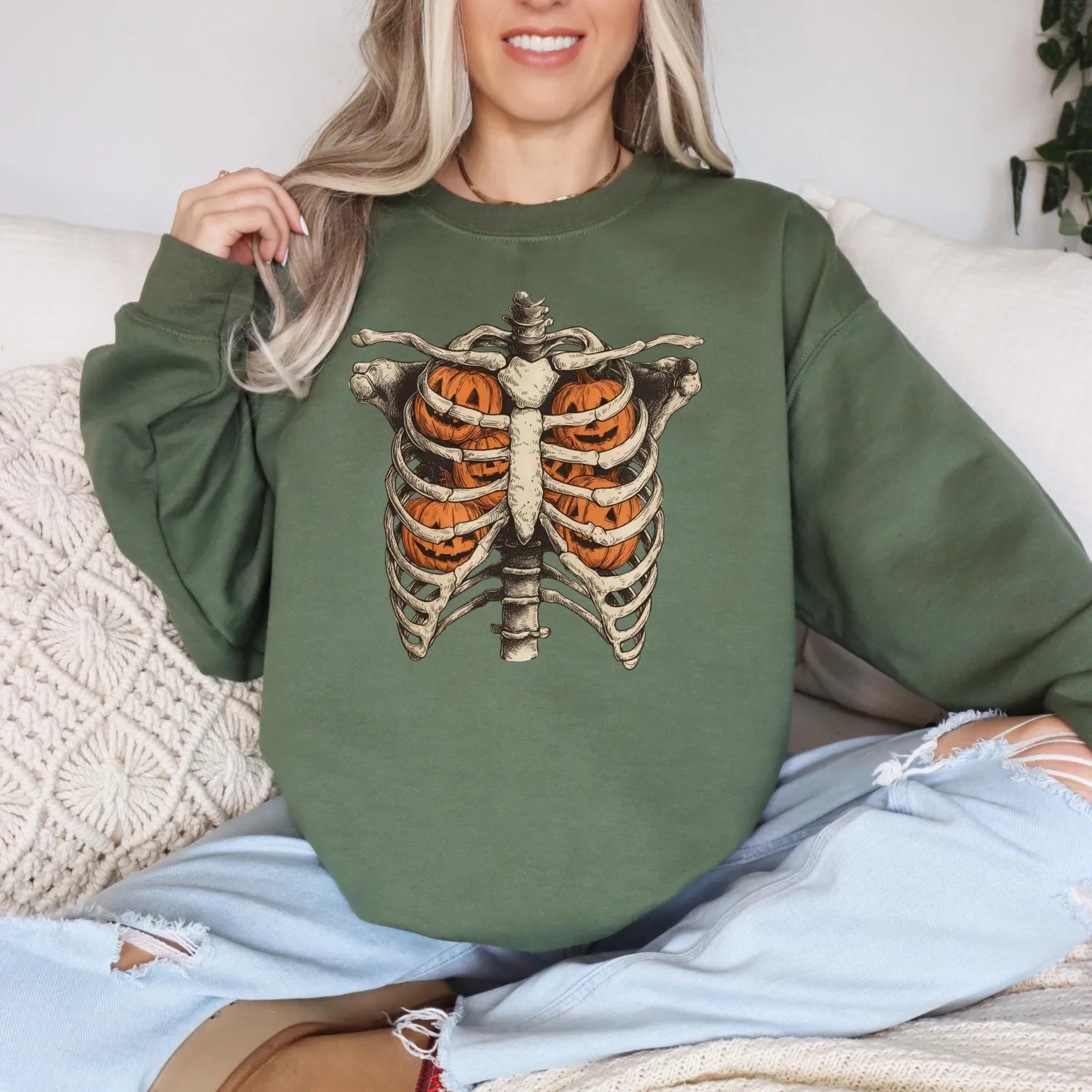 Skeleton Ribcage Pumpkin Halloween Sweatshirt Skeleton Ribcage Pumpkin Halloween Sweatshirt