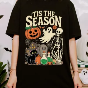 Retro Tis The Season Skeleton Pumpkin Ghost Halloween T-Shirt