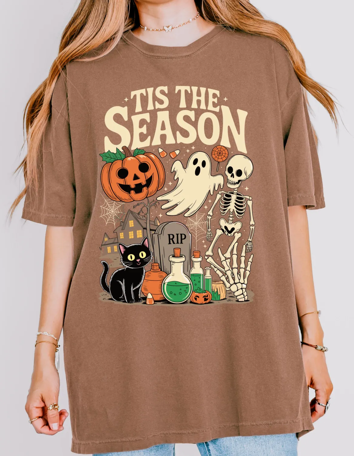 Retro Tis The Season Skeleton Pumpkin Ghost Halloween T-Shirt
