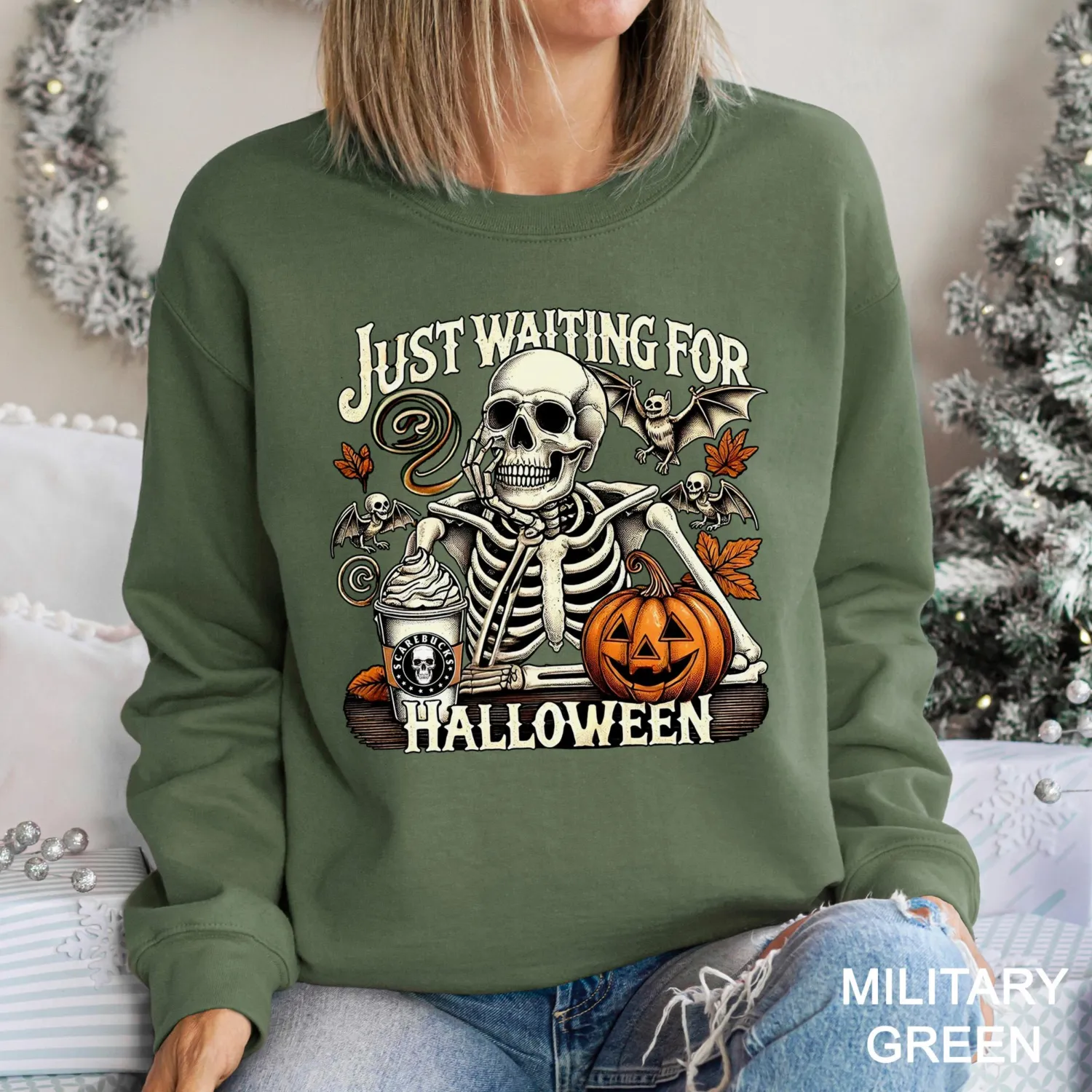 Just Waiting for Halloween Skeleton Pumpkin Sweatshirt