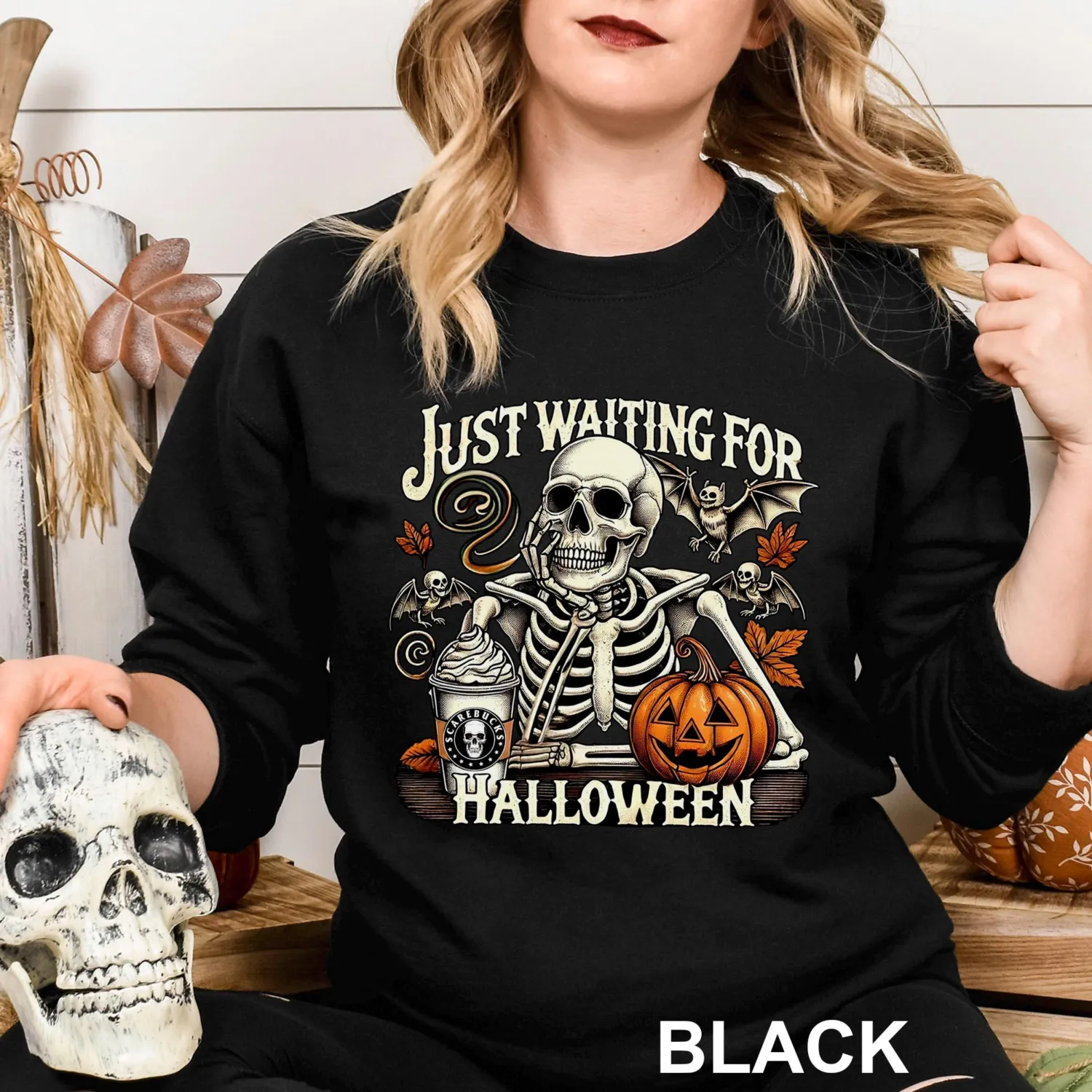 Just Waiting for Halloween Skeleton Pumpkin Sweatshirt