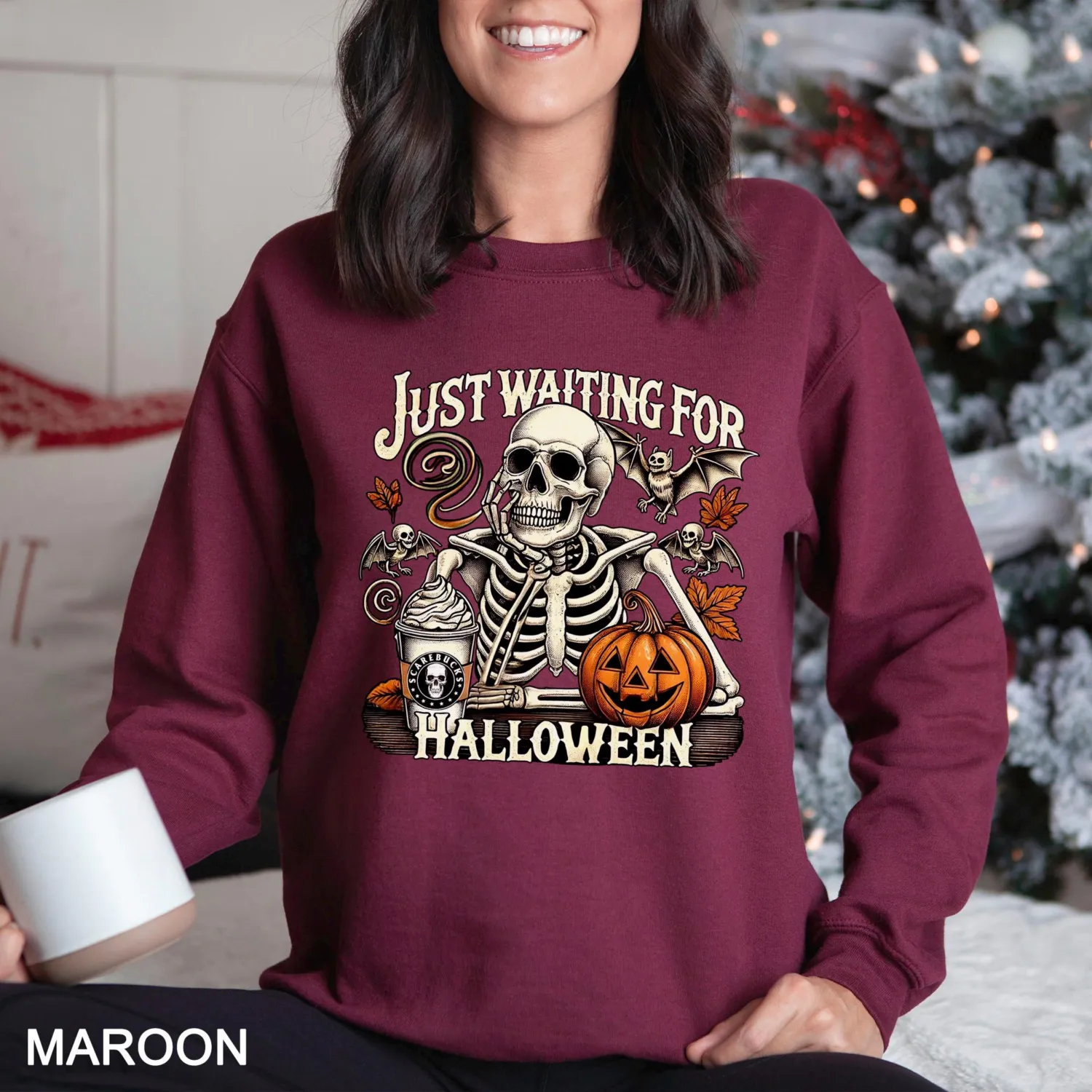 Just Waiting for Halloween Skeleton Pumpkin Sweatshirt