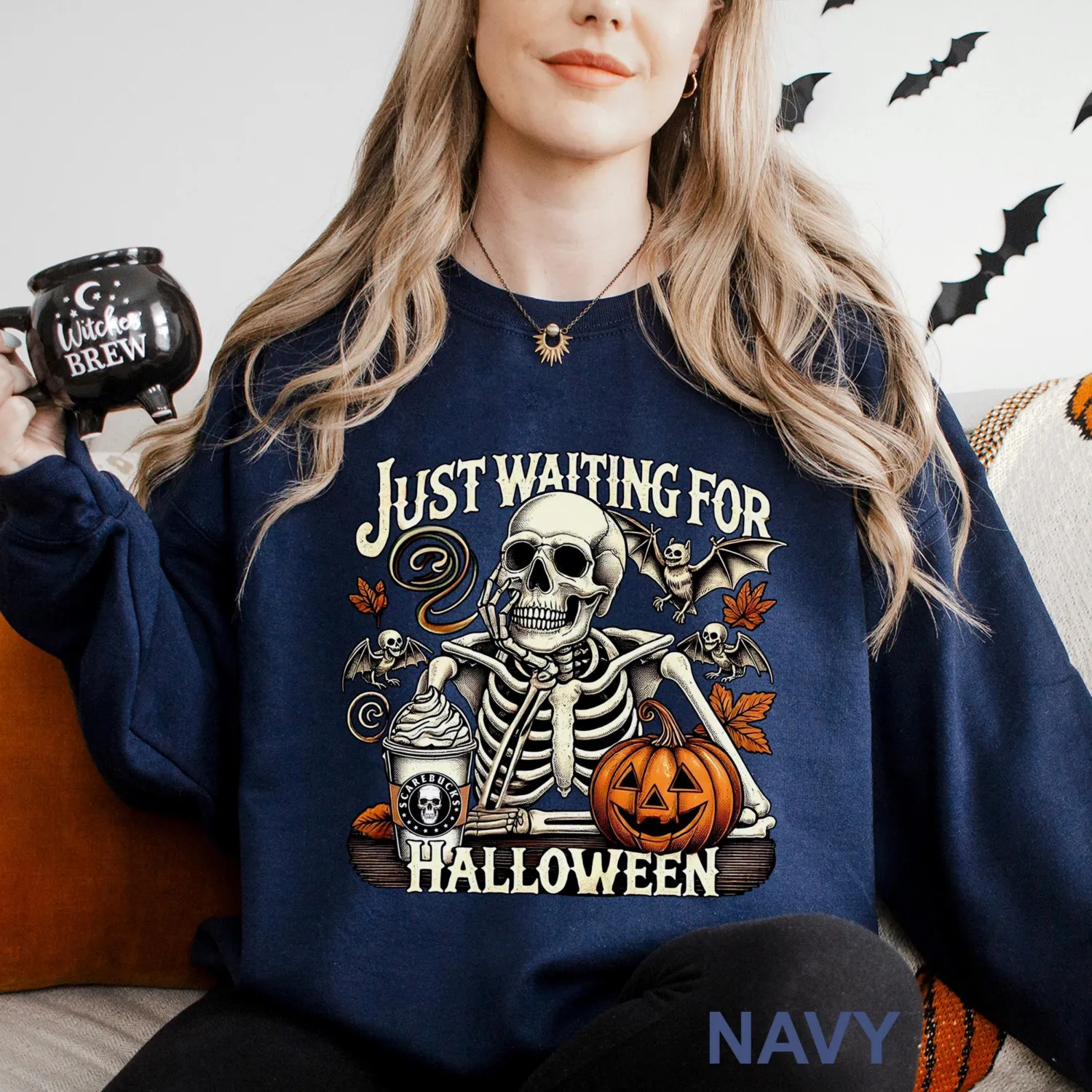 Just Waiting for Halloween Skeleton Pumpkin Sweatshirt