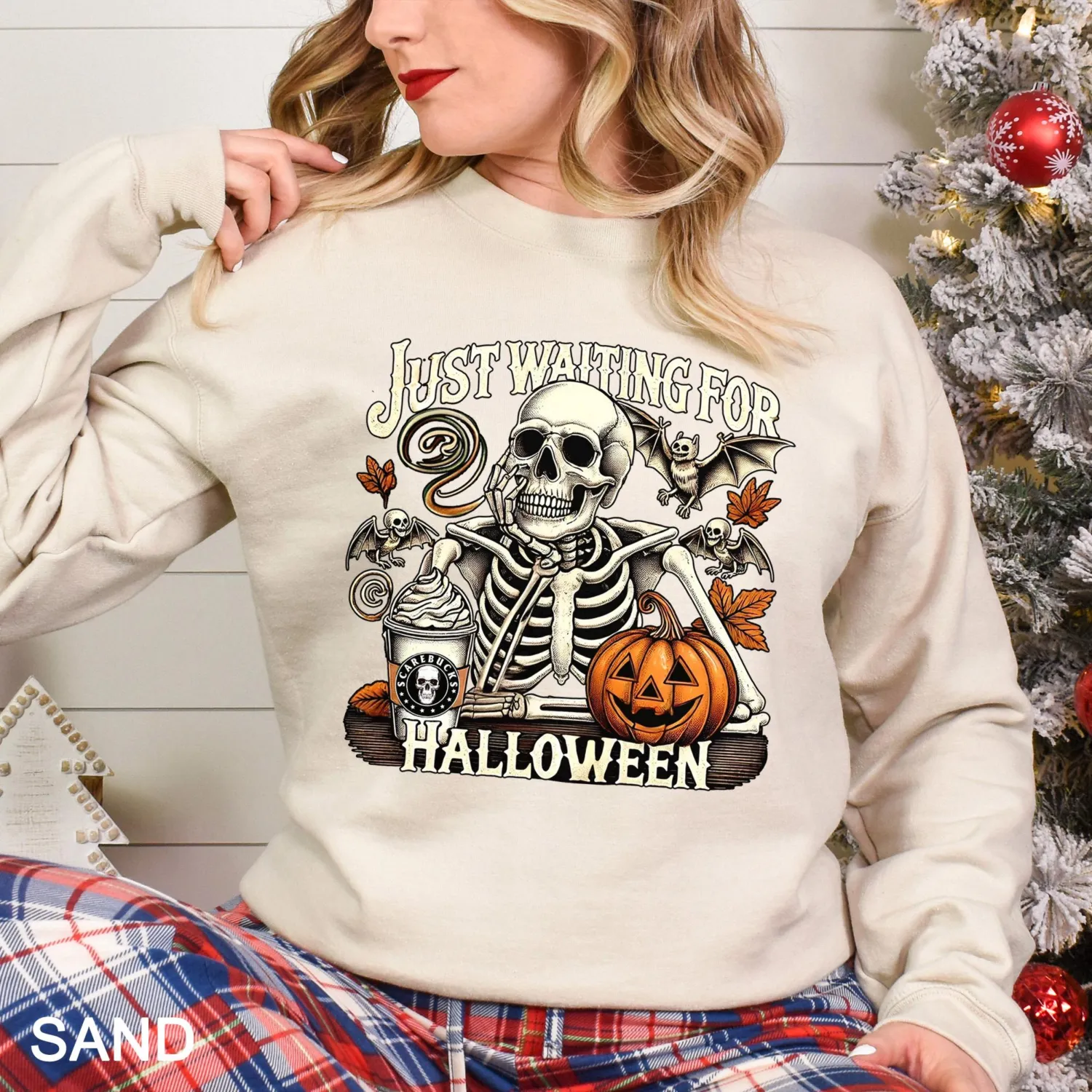 Just Waiting for Halloween Skeleton Pumpkin Sweatshirt