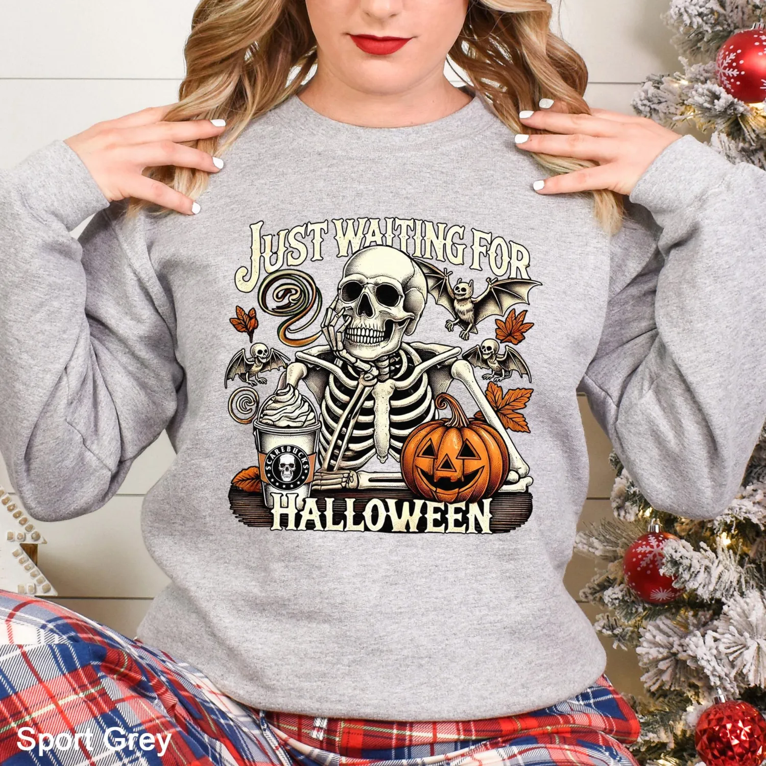Just Waiting for Halloween Skeleton Pumpkin Sweatshirt