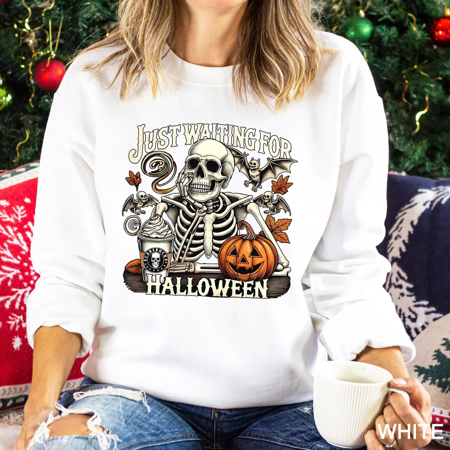 Just Waiting for Halloween Skeleton Pumpkin Sweatshirt
