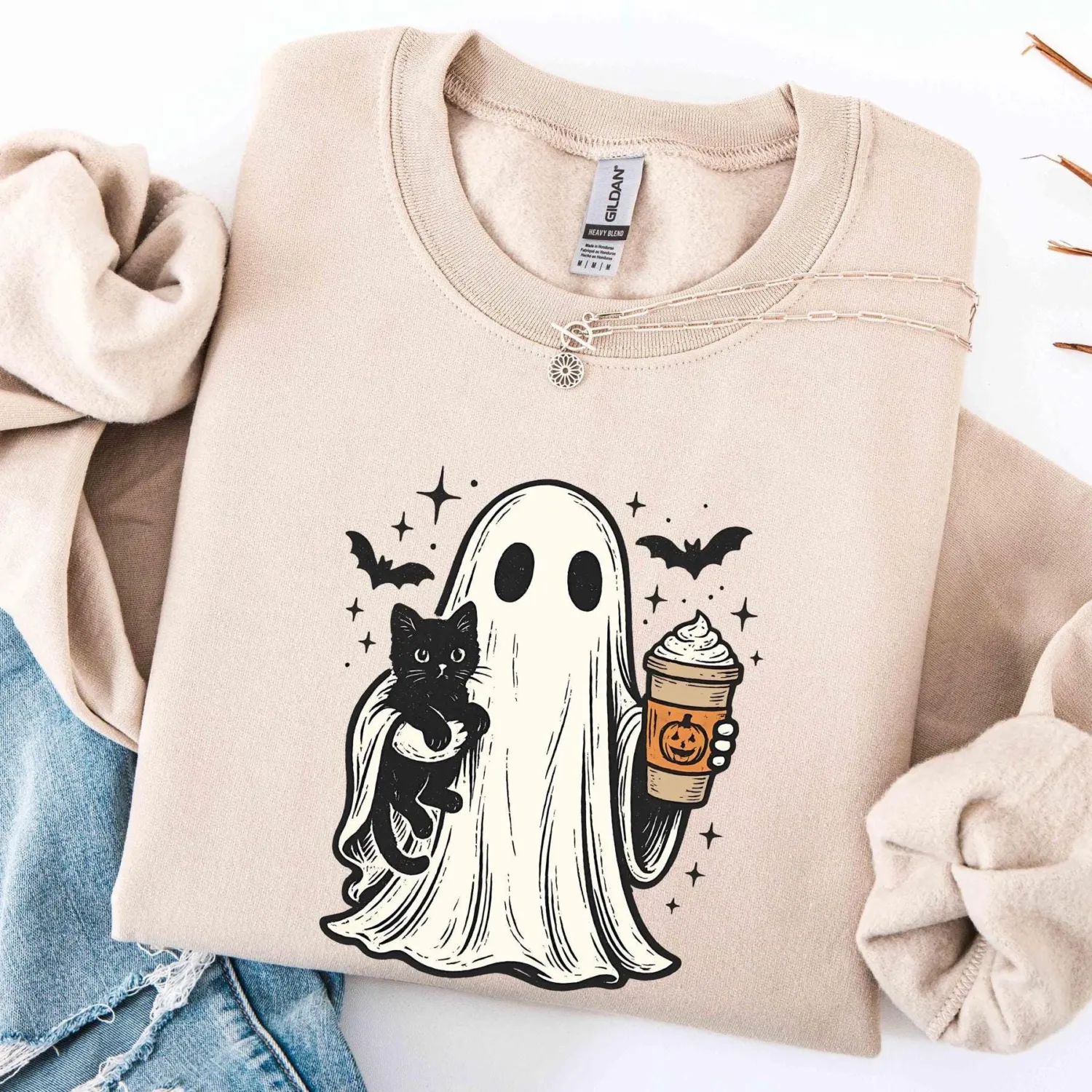 Ghost Holding Black Cat Halloween Sweatshirt