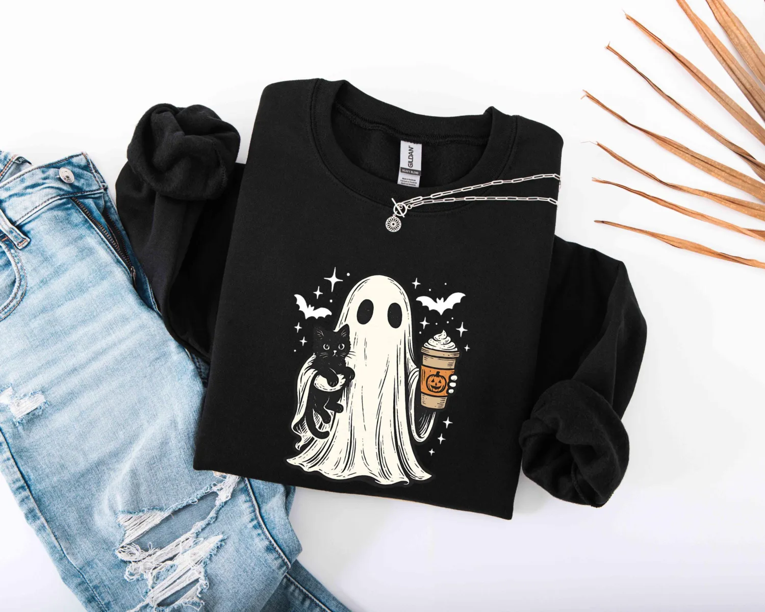 Ghost Holding Black Cat Halloween Sweatshirt