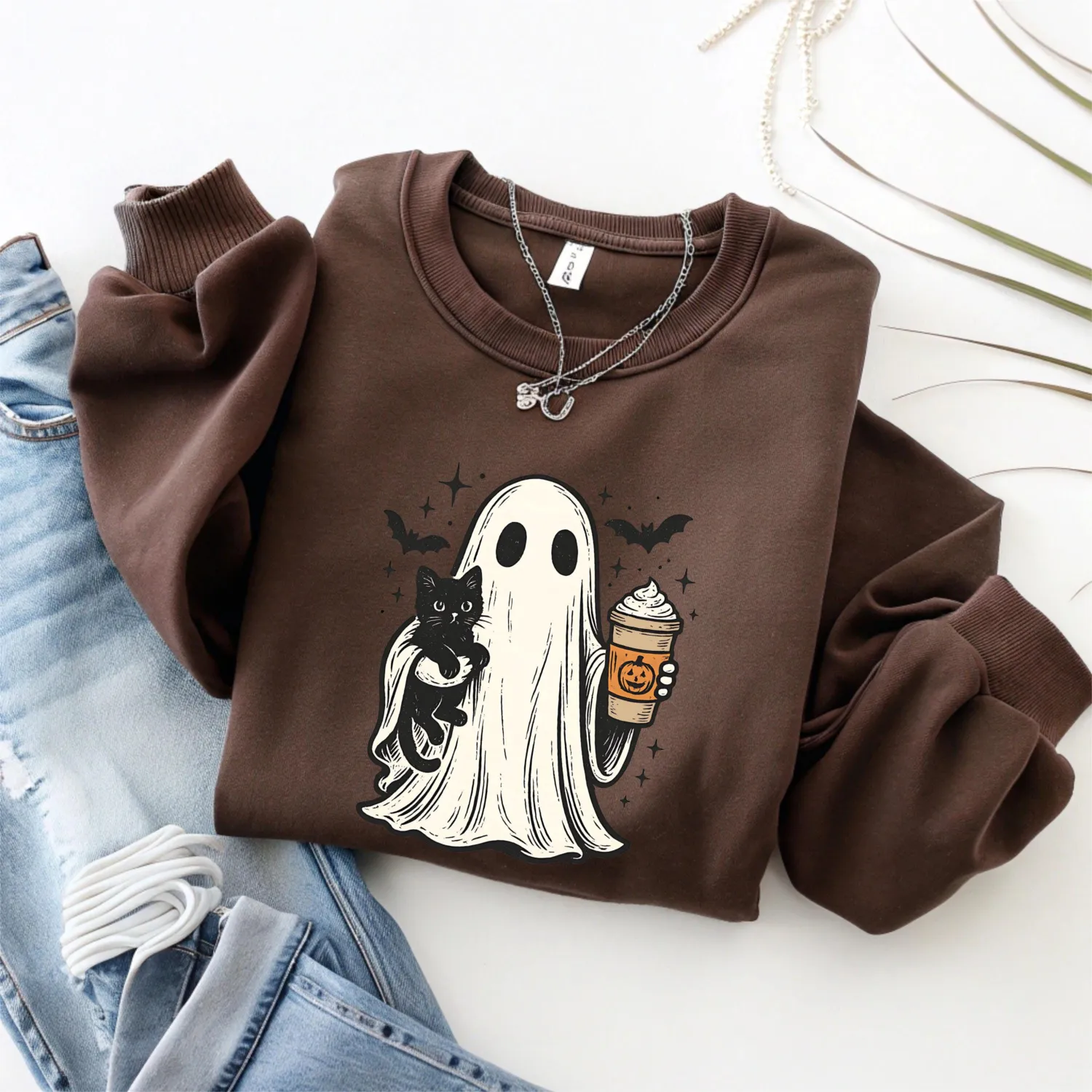 Ghost Holding Black Cat Halloween Sweatshirt