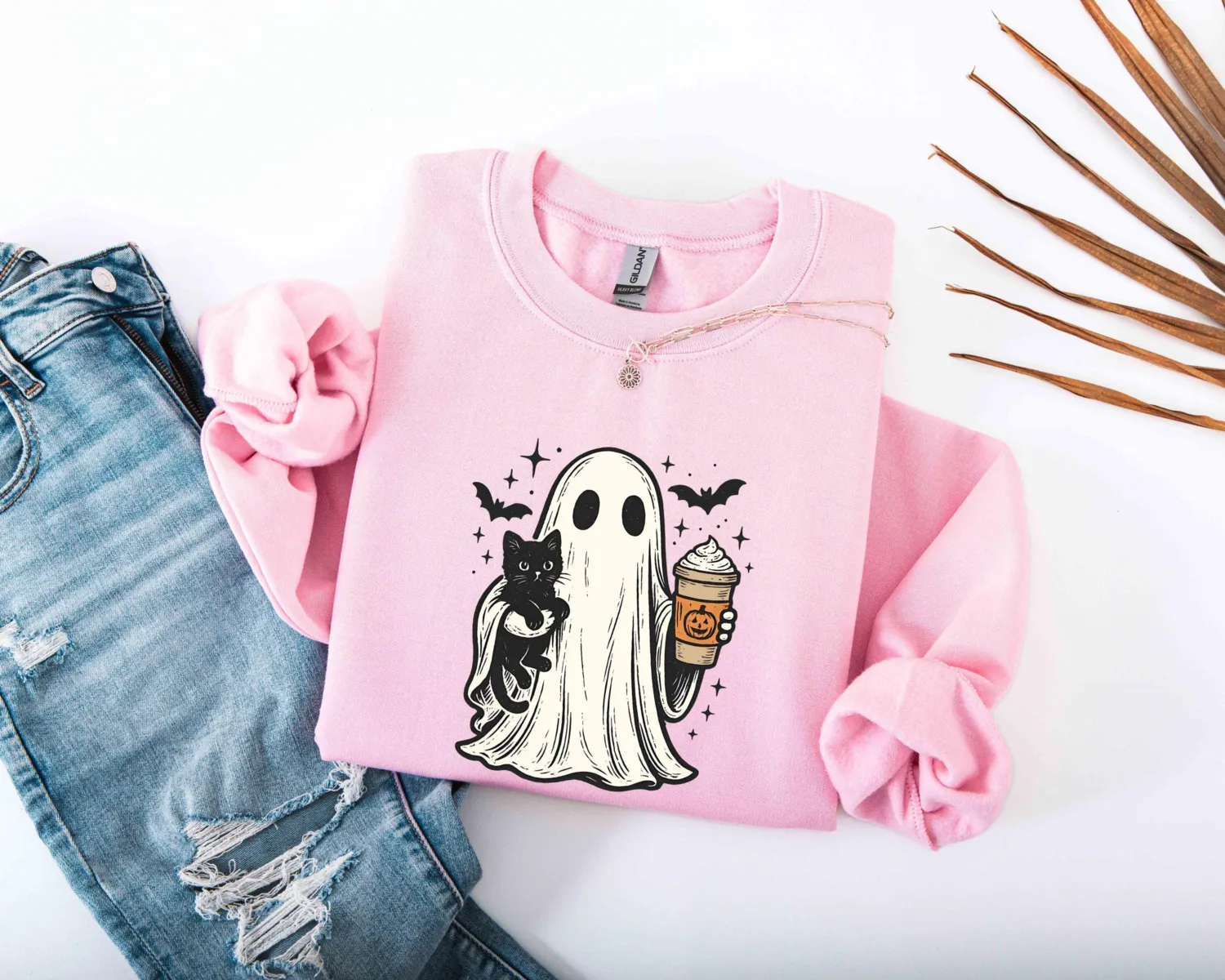 Ghost Holding Black Cat Halloween Sweatshirt