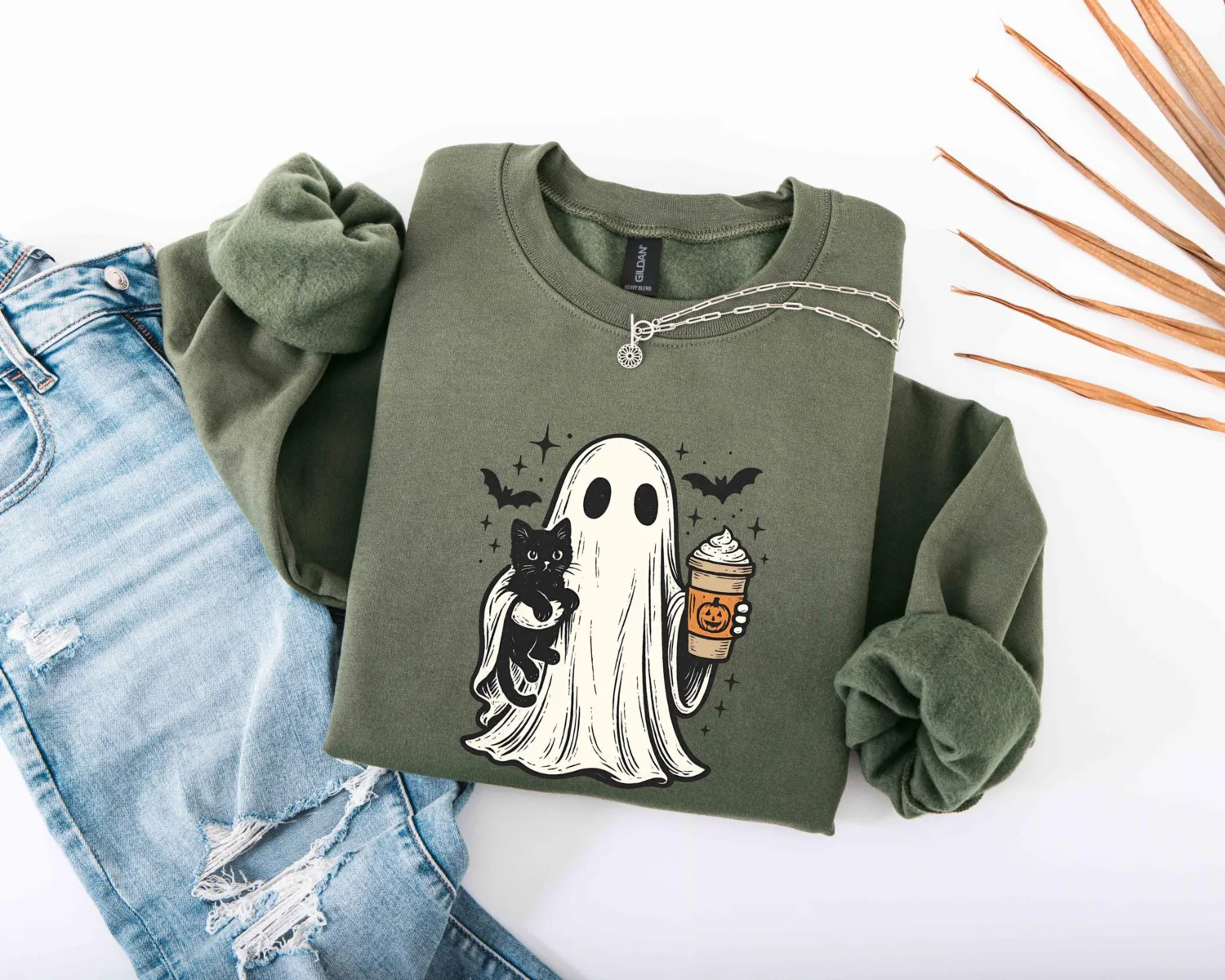 Ghost Holding Black Cat Halloween Sweatshirt