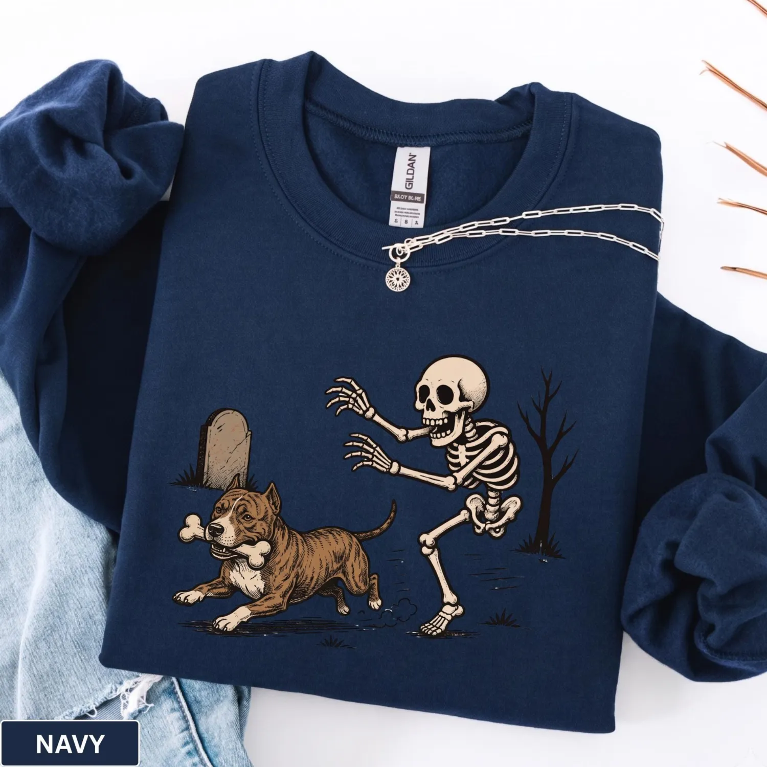 Funny Pitbull Skeleton Halloween Sweatshirt