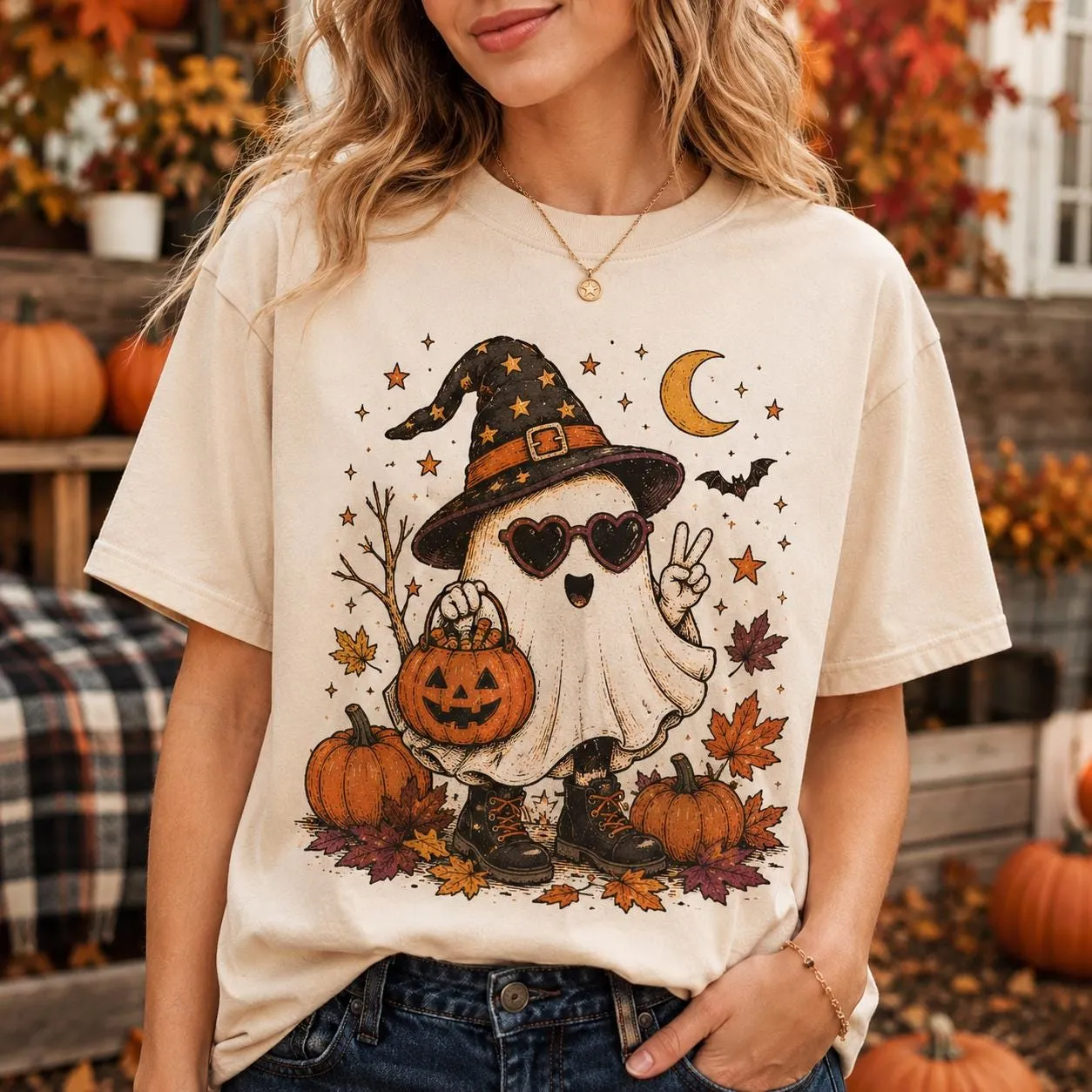 Cute Ghost Witch Hat Pumpkin Halloween T-Shirt