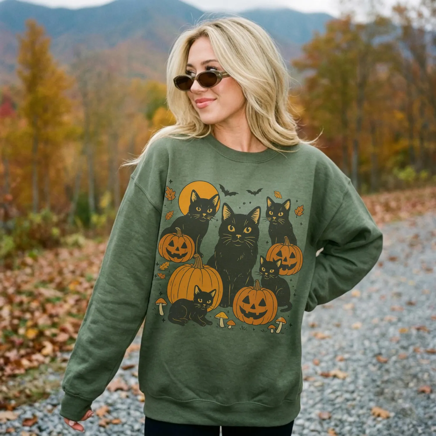 Retro Black Cat Pumpkin Halloween Sweatshirt