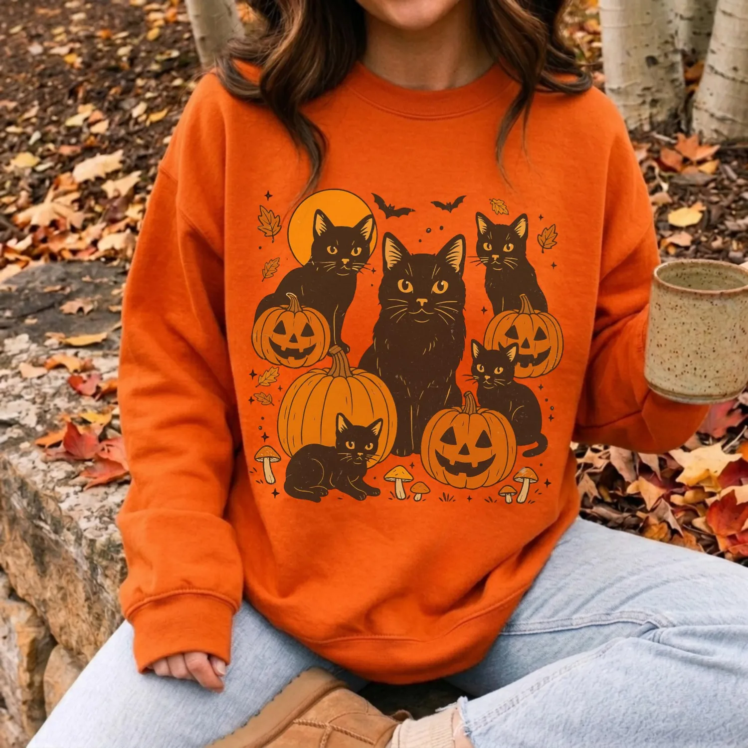 Retro Black Cat Pumpkin Halloween Sweatshirt