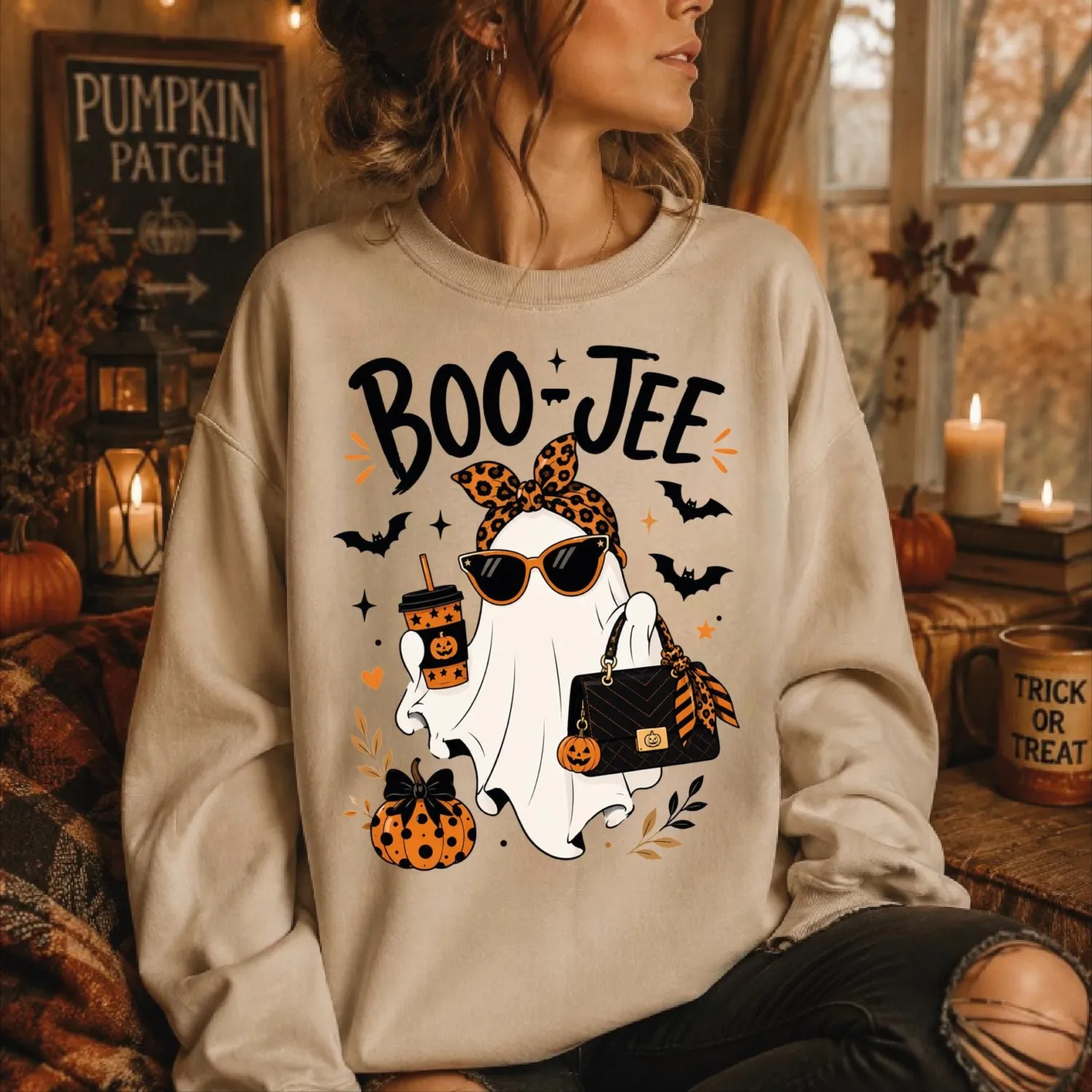 Boo-Jee Coquette Ghost Halloween Sweatshirt