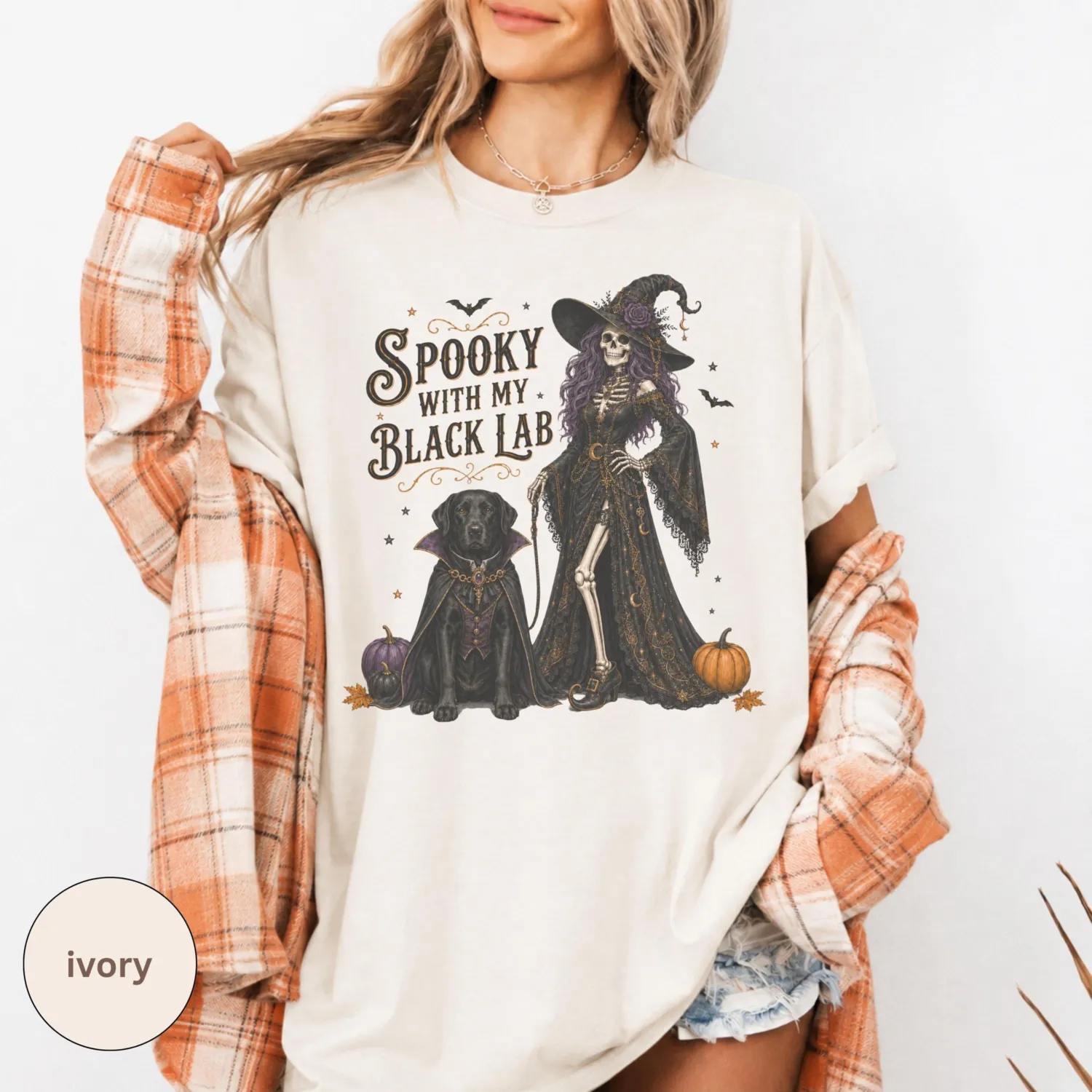 Black Lab Skeleton Witch Halloween T-Shirt