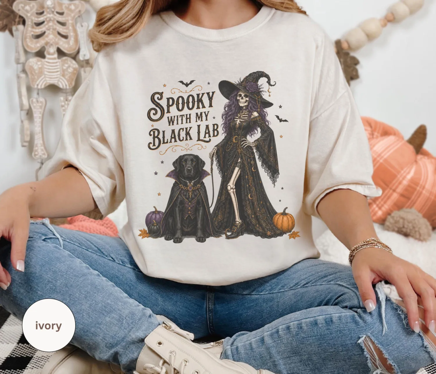 Black Lab Skeleton Witch Halloween T-Shirt