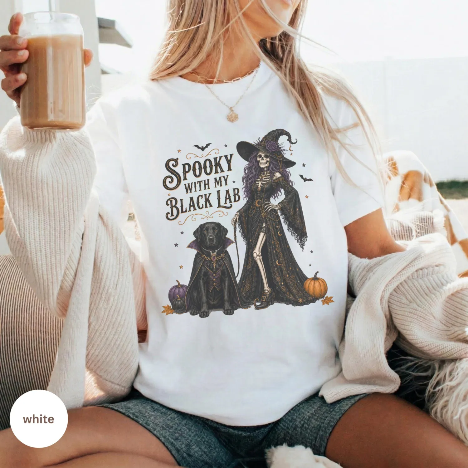 Black Lab Skeleton Witch Halloween T-Shirt