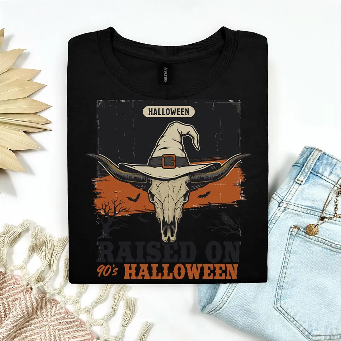 Western 90s Skull Witch Hat Halloween T-Shirt