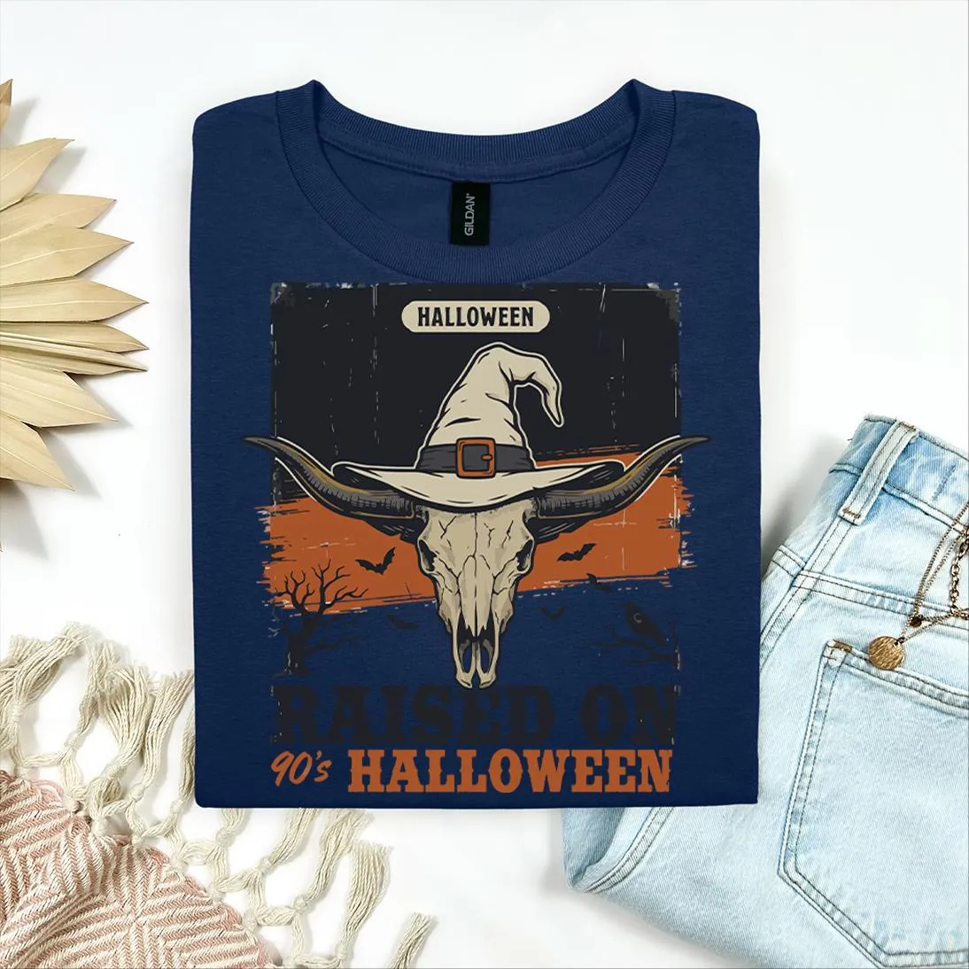 Western 90s Skull Witch Hat Halloween T-Shirt