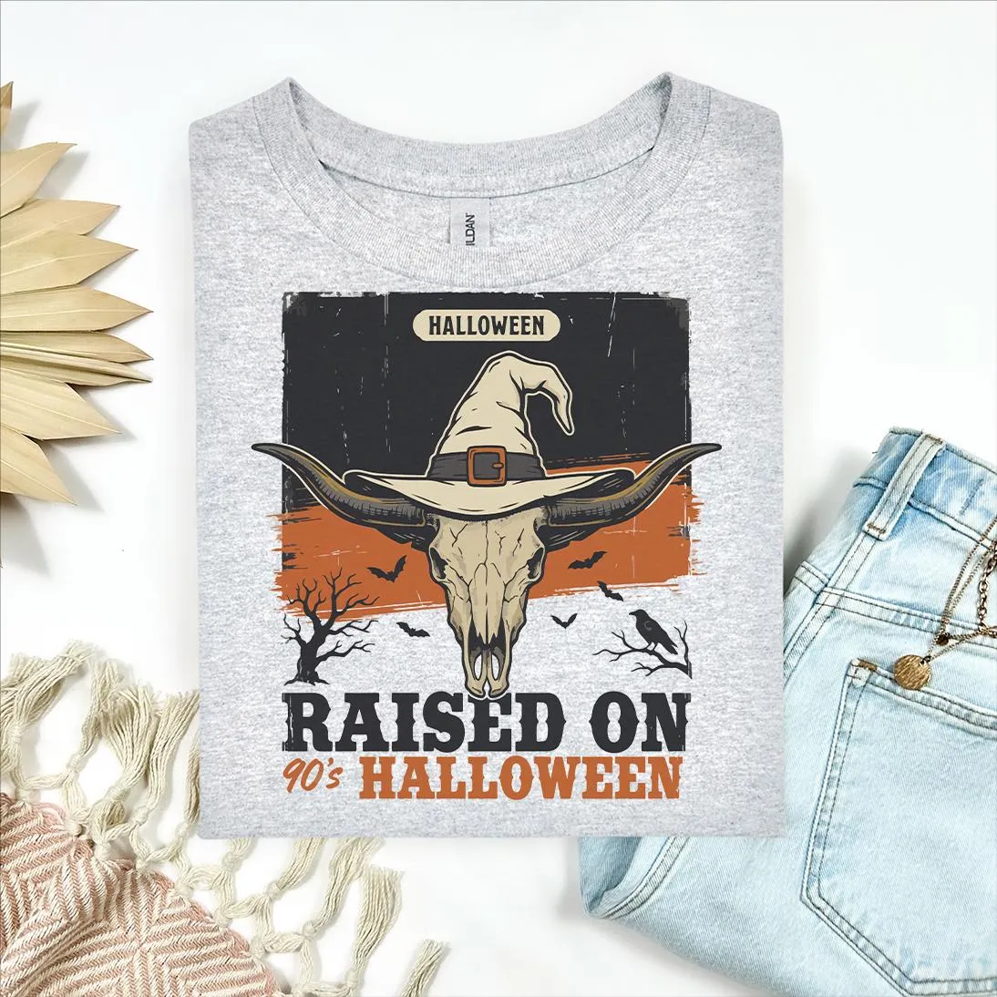 Western 90s Skull Witch Hat Halloween T-Shirt