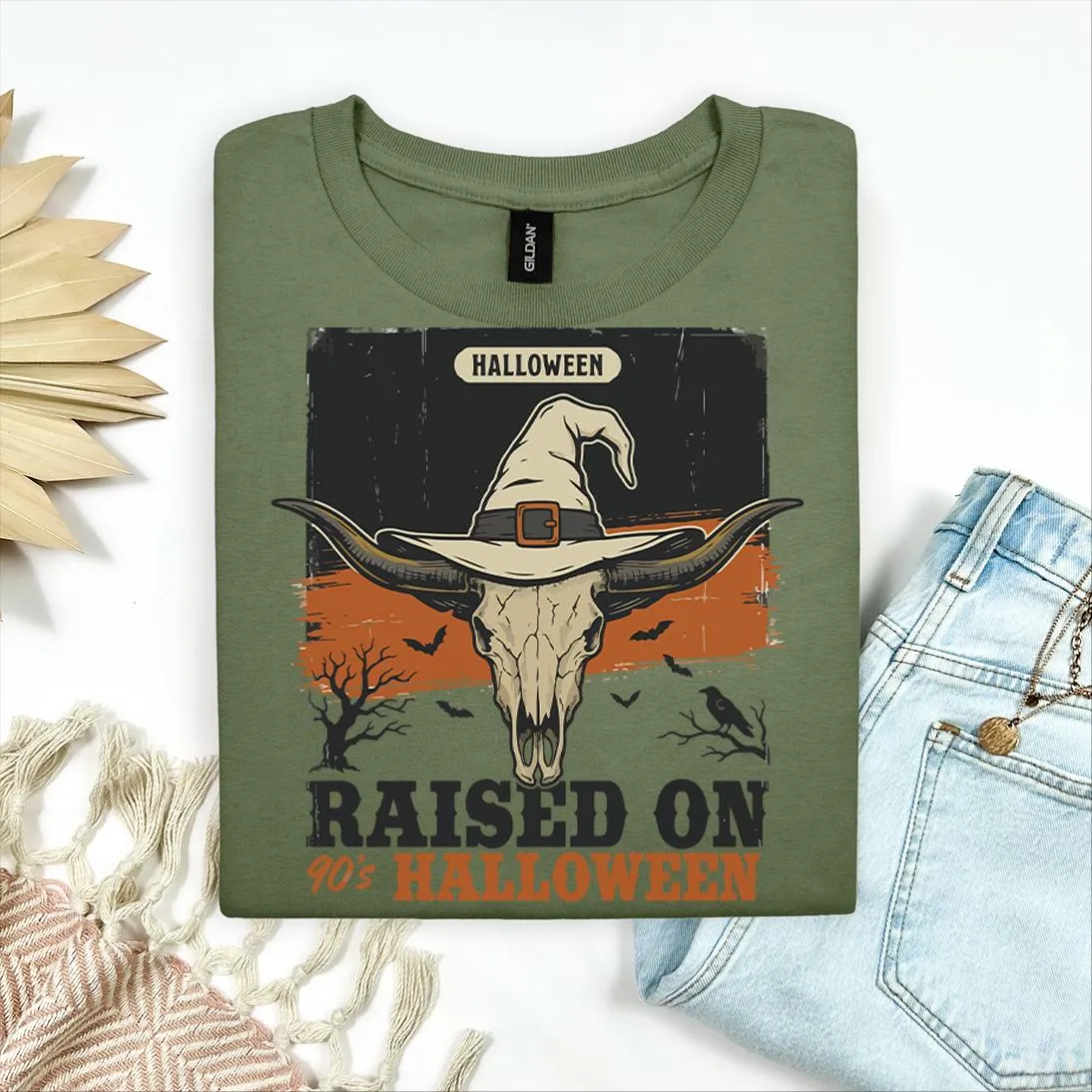 Western 90s Skull Witch Hat Halloween T-Shirt